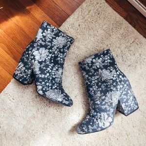 Blue and silver chunky heel ankle boots